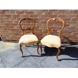 A PAIR OF CARVED WALNUT BALLOON BACK CHAIRS with upholstered serpentine seat on cabriole supports
