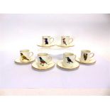 A SET OF SIX 'HAMMERSELEY' COFFEE CANS & SAUCERS each decorated with a named bird, Malachite