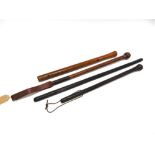 A SWAINE & ADENEY COMBINED RIDING CROP AND COSH with a leather covering and a silver collar;