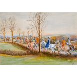 ENGLISH SCHOOL A hunt riding along a country lane, watercolour, 25 x 37cm; also two colour prints,