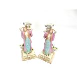A PAIR OF CONTINENTAL FIGURAL CANDLESTICKS, modelled as maidens standing against Ionic columns, blue