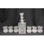 EDINBURGH CRYSTAL: A LEAD CRYSTAL DECANTER AND STOPPER 26.5CM HIGH and matching set of six thistle