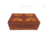 A 19TH CENTURY WALNUT WORKBOX with marquetry and parquetry decoration, fitted interior and spring