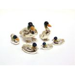 A GROUP OF SIX SATURNO SILVER AND ENAMEL DUCKS, the largest approximately 9cm beak to tail