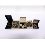 A QUANTITY OF COSTUME JEWELLERY including a brooch by Sarah Cov, in boxes