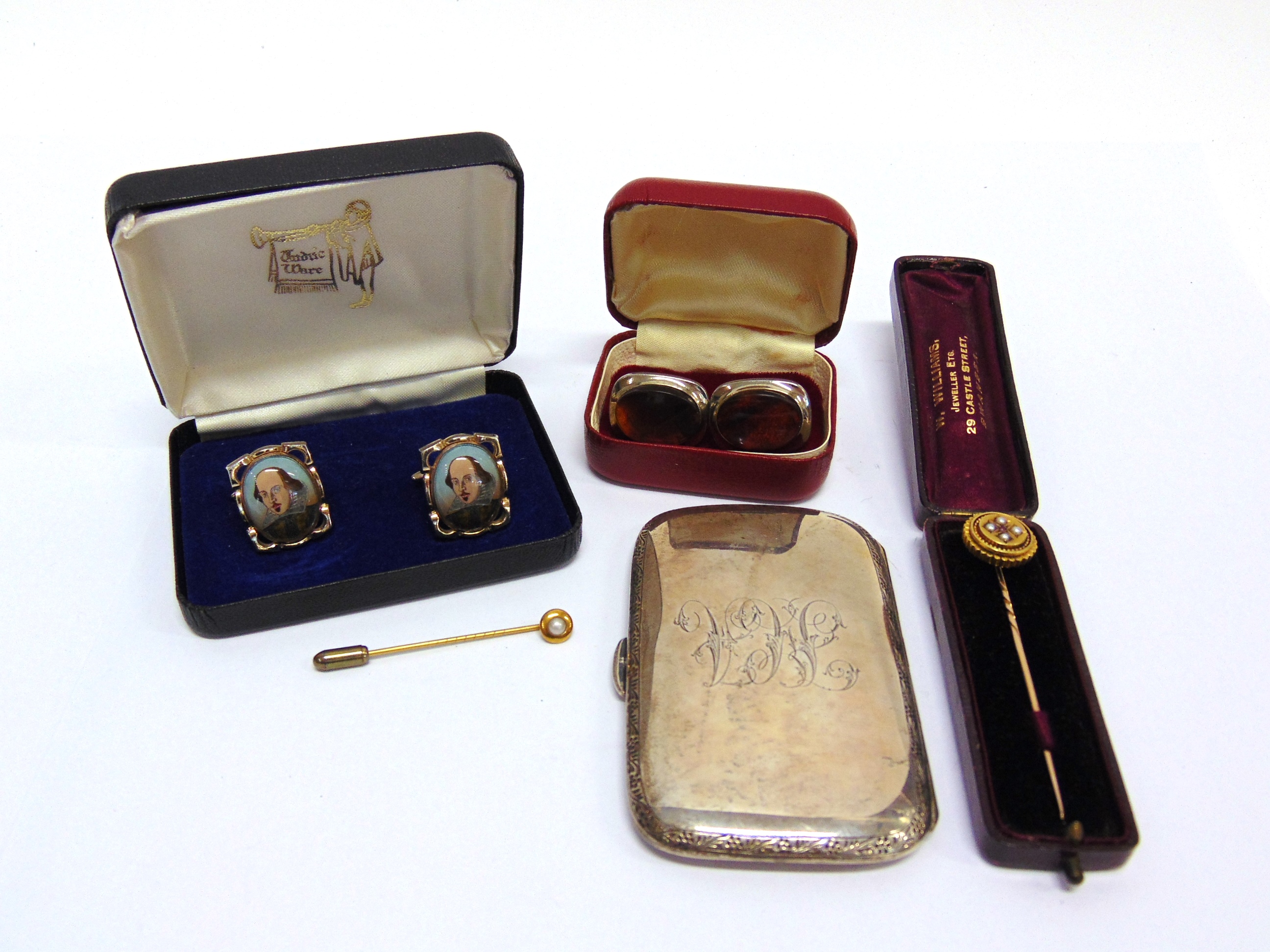 A SPLIT PEARL AND RUBY SET VICTORIAN STICKPIN with another stickpin; a silver cheroot case, 74g (2.3