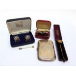 A SPLIT PEARL AND RUBY SET VICTORIAN STICKPIN with another stickpin; a silver cheroot case, 74g (2.3