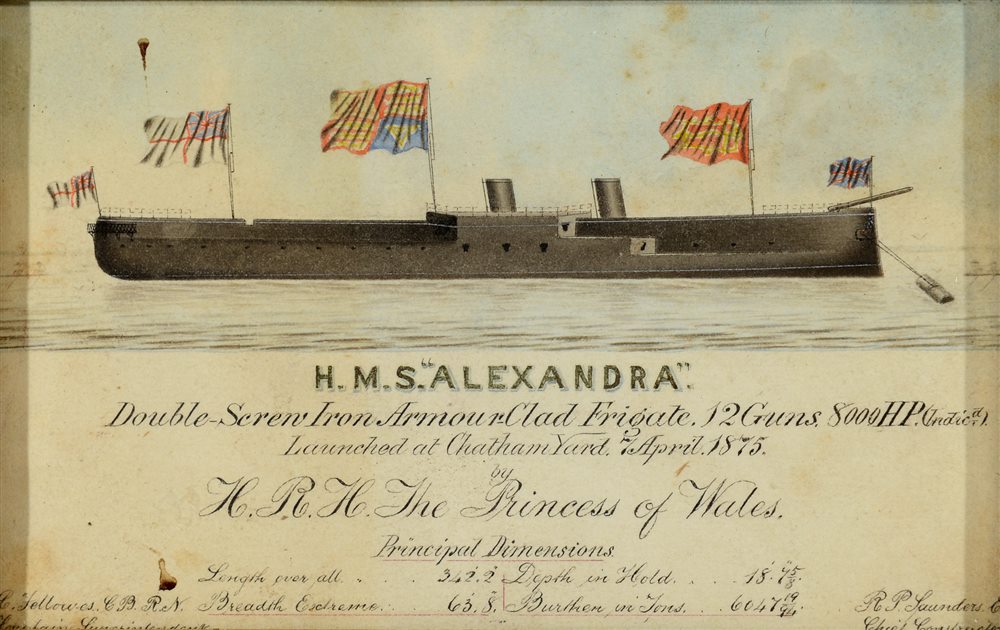 19TH CENTURY - H.M.S. ALEXANDRA - A RARE LITHO PRINTED CARD COMMEMORATING THE LAUNCH OF THE ARMOURED