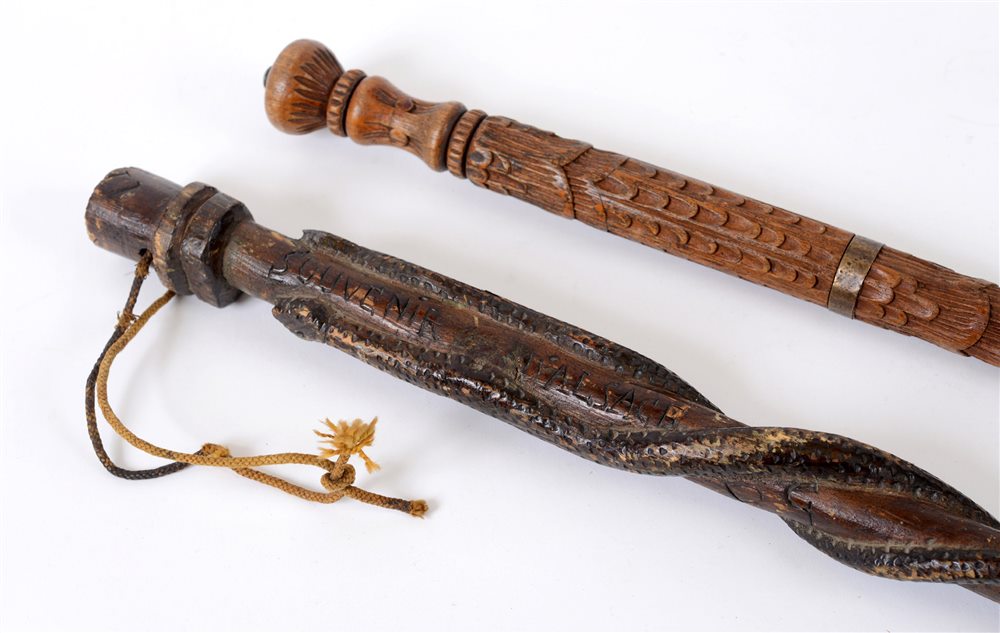 19TH CENTURY - A FRENCH 'FOLK ART' CARVED WOODEN SWORDSTICK with deep cut scale type decoration