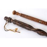 19TH CENTURY - A FRENCH 'FOLK ART' CARVED WOODEN SWORDSTICK with deep cut scale type decoration