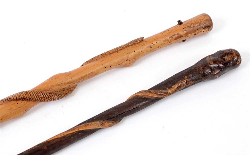 GREAT WAR - TWO TRADITIONAL FRENCH WALKING CANES each carved with twisting snakes, one 91cm the