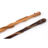GREAT WAR - TWO TRADITIONAL FRENCH WALKING CANES each carved with twisting snakes, one 91cm the