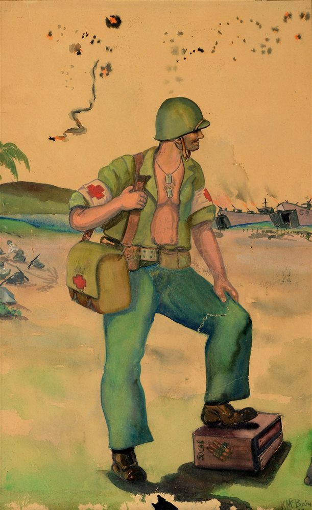 SECOND WORLD WAR - PACIFIC THEATRE - AN UNUSUAL WATERCOLOUR STUDY from life of a USMC Medic