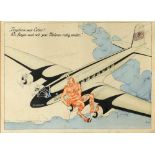 SECOND WORLD WAR - LUFTHANSA AIR LINES - AN ORIGINAL GERMAN WATERCOLOUR CARTOON OF A LUFTHANSA