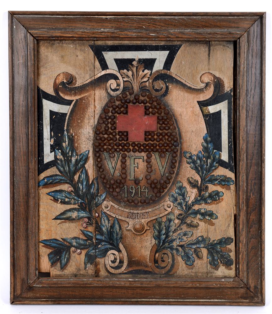 GREAT WAR - A DECORATIVE IMPERIAL GERMAN COMMEMORATIVE PAINTED OAK PANEL with Iron Cross device