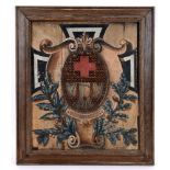 GREAT WAR - A DECORATIVE IMPERIAL GERMAN COMMEMORATIVE PAINTED OAK PANEL with Iron Cross device