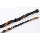 GREAT WAR - TWO TRADITIONAL FRENCH WALKING CANES each carved with twisting snakes, one inscribed '