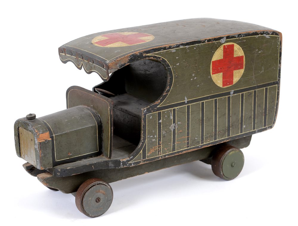 GREAT WAR - A SCRATCH BUILT WOODEN AND STEEL MODEL OF A MOTOR AMBULANCE probably made by motor