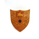 SECOND WORLD WAR - ROYAL ENGINEERS - A COMMEMORATE SHIELD SHAPED INLAID WOODEN WALL PLAQUE bearing a