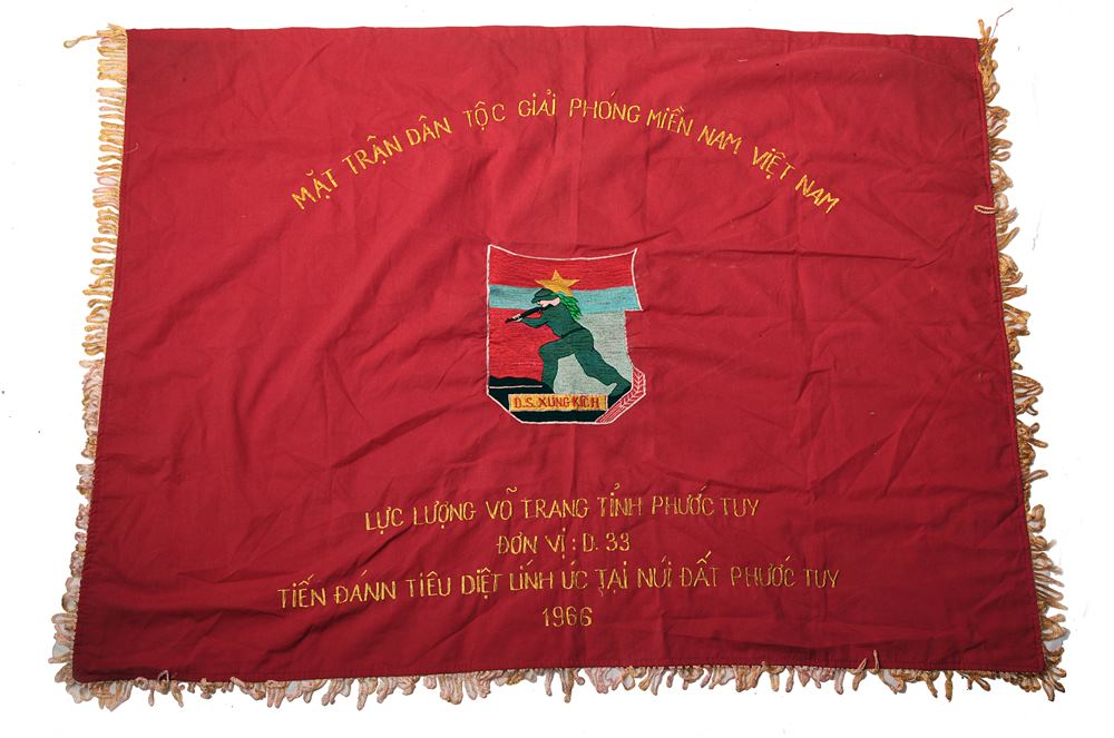 VIETNAM - A 1960'S VIET CONG EMBROIDERED RED BANNER 'Liberation of South Vietnam - Liberation