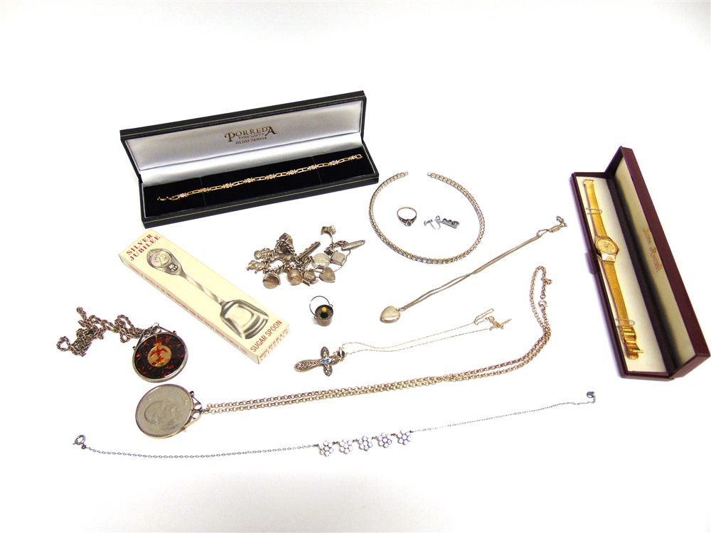 A QUANTITY OF JEWELLERY including: silver and silver coloured items; two coin pendants and costume