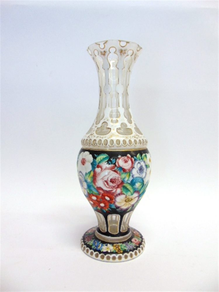 A 19TH CENTURY FLASH CUT GLASS VASE with polychrome enamelled floral decoration and gilt highlights,