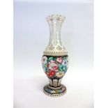 A 19TH CENTURY FLASH CUT GLASS VASE with polychrome enamelled floral decoration and gilt highlights,