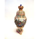 A LARGE HEREND POT POURRI AND COVER, the body relief moulded and polychrome enamelled with a