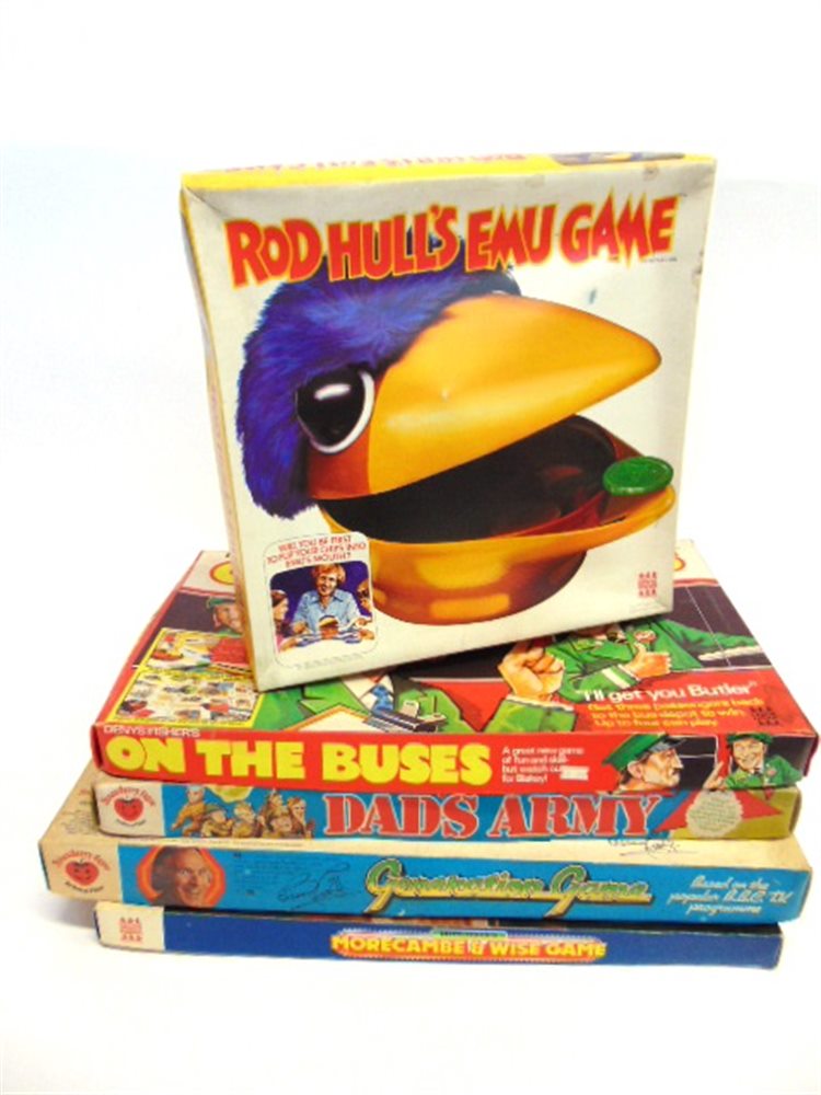 FIVE DENYS FISHER BOARD GAMES including 'Dad's Army' and 'On the Buses', each boxed.
