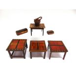 TREEN: FOUR MINIATURE TABLES/STANDS, three with Tunbridge ware decoration, two uncut parquetry