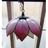 A LARGE LEADED AND STAINED GLASS CEILING LIGHT FITTING, with two tiers of pink and cream foliate