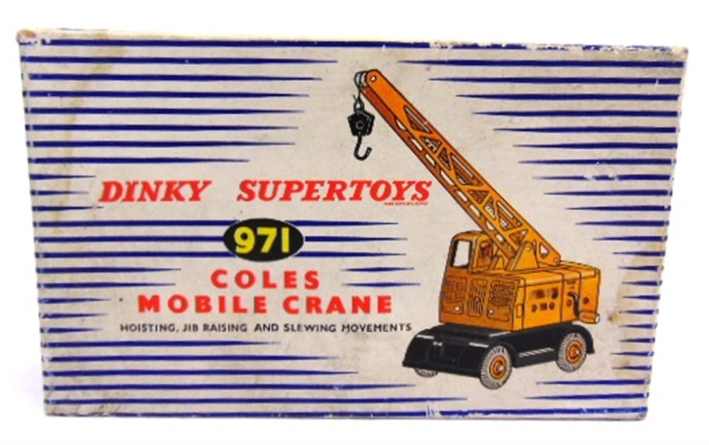 A DINKY NO.971, COLES MOBILE CRANE yellow with a black chassis and yellow grooved hubs, excellent