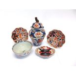 A COLLECTION OF IMARI CERAMICS including baluster shaped jar and cover with dog of Fo finial 25cm