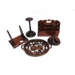 A COLLECTION OF TREEN ITEMS including turned mahogany wig stand 20.5cm high, mahogany stationery