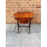 A VICTORIAN WALNUT WORK TABLE with marquetry inlaid decoration on carved stretcher base, 63.5cm wide