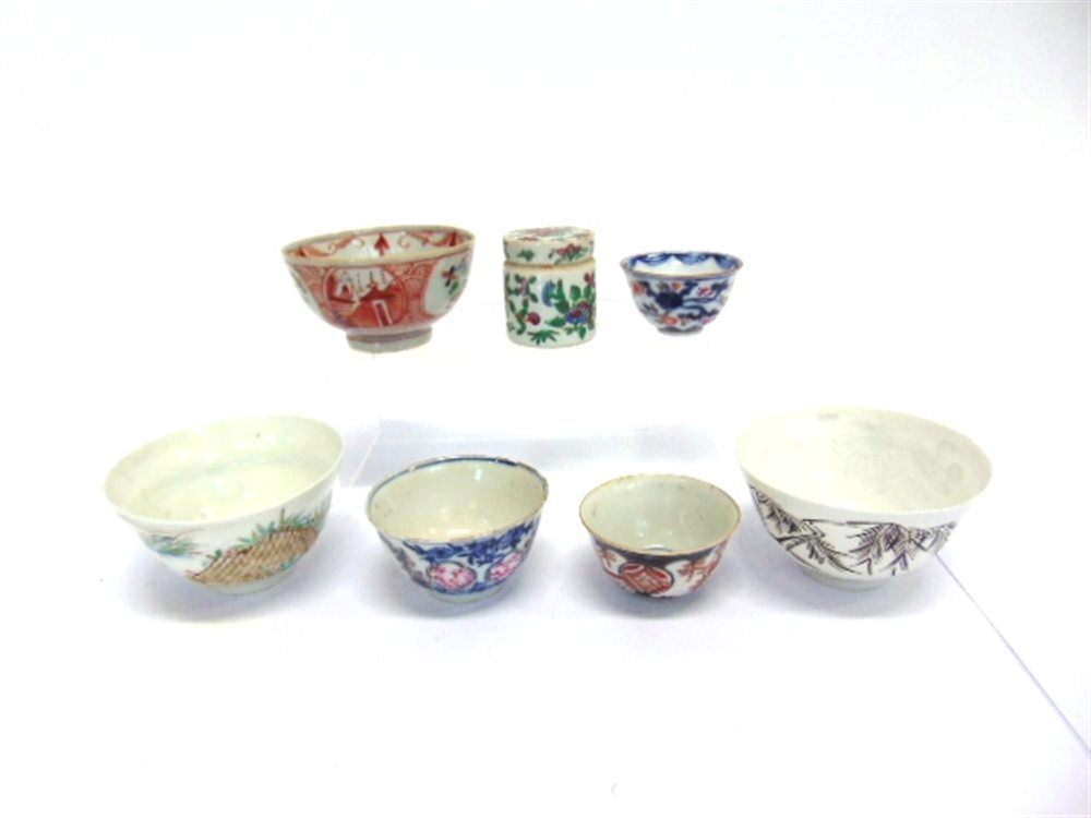 SIX CHINESE TEA BOWLS, the largest 10cm diameter, decorated with chickens in a landscape, six