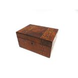 A VICTORIAN WALNUT SEWING BOX with bands of Tunbridge ware inlay, 25cm wide 17.5cm deep 13cm high