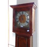 AN OAK CASED 30-HOUR LONGCASE CLOCK, the brass 10' dial with single hour hand inscribed 'tho.