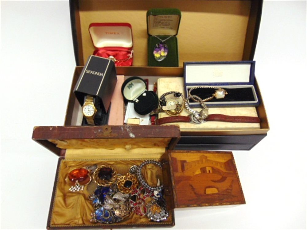 A COLLECTION OF ASSORTED JEWELLERY mainly costume items, ladies watches including a 9 carat gold