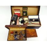 A COLLECTION OF ASSORTED JEWELLERY mainly costume items, ladies watches including a 9 carat gold