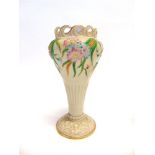 A BELLEEK THIRD PERIOD VASE on trumpet form with pierced rim, decorated with polychrome floral