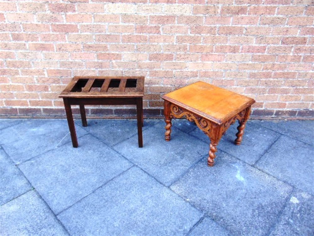 AN OAK LUGGAGE STAND, 61cm wide 41cm deep 49cm high; and a carved oak occasional table, 54cm - Image 2 of 2