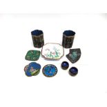 A COLLECTION OF CLOISONNE ITEMS including pair of hexagonal vases 10cm high, pair of salts decorated