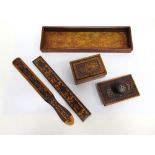 TREEN: TUNBRIDGE WARE AND OTHER INLAID DESK ACCESSORIES including pen tray with marquetry
