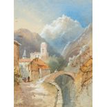 WILLIAM COLLINGWOOD (BRITISH, 1819-1903) Alpine Landscape with Gorge and Bridge, watercolour, signed