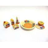 A GROUP OF CLARICE CLIFF BIZARRE 'AUTUMN CROCUS' PATTERN ITEMS, including candlestick, bonjour shape