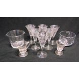 A GROUP OF 19TH CENTURY GLASSWARE including a set of six wine glasses engraved with grapes and