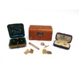 A PAIR OF CUFFLINKS stamped '9ct'; a set of four Edwardian 9 carat gold dress studs, cased; 74g