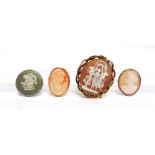 A VICTORIAN SHALL CAMEO BROOCH carved as the three Graces; with another two shell cameo brooches;