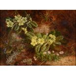M.W.W. (LATE 19TH CENTURY) Bird's Nest and Primroses, oil on canvas, signed with initials lower